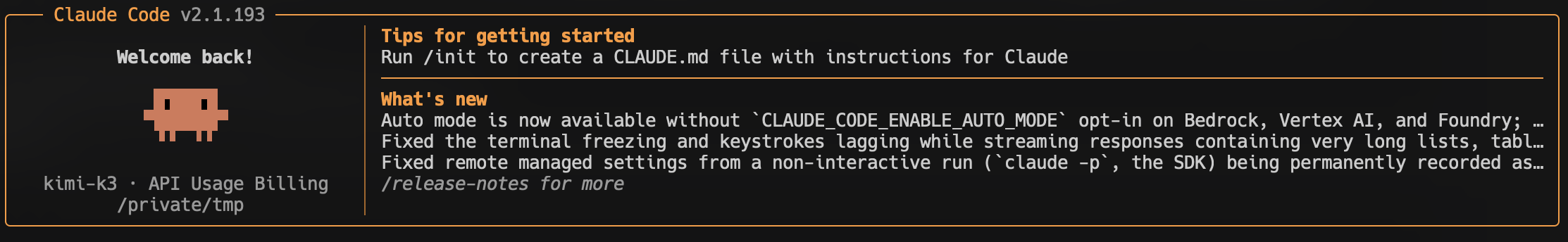 Claude Code's welcome screen showing kimi-k3 as the active model
